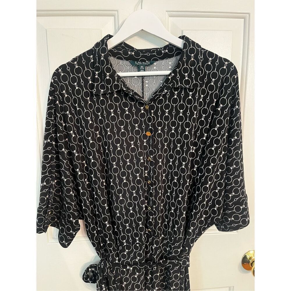 Lauren Ralph Lauren Black Equestrian Print 1/2 Button Belted Slinky Shirt Dress